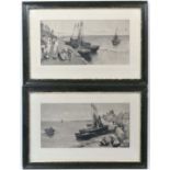 W Young 1902,
Grey scale print,
Fishing boats at a villages edge,
One bearing a facsimilie signature