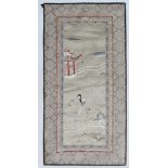 Oriental school silk work : a sleeve ? Depicting a female figure holding a fan whilst stood in a