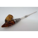 Sampson Mordan : An unusual Victorian pipe the meerschaum bowl with carved deer head decoration, the