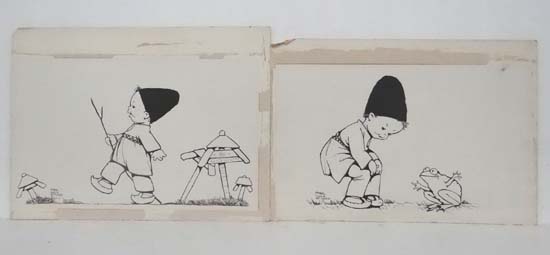 Signed 'Mabel Lucie Attwell' XIX-XX,
Pen ink ( Indian Ink? ) a pair,
Child with stick and Child with