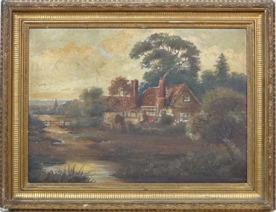 Manner of G Cole,
Oil on board,
A cottage in the country,
15 x 20 3/4".
 CONDITION: Please Note - - Image 3 of 4