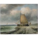 James Hardy XX,
Oil on board,
Fishing boat on a beach,
Signed lower right,
8 x 10". CONDITION: