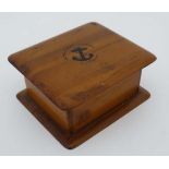 WWI : A small elm Cigarette Box , the top decorated with anchor and ' Royal Naval Division Antwerp
