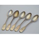 A Victorian set of 5 silver fiddle pattern teaspoons. Hallmarked Exeter 1850 maker Robert Williams &