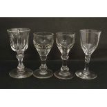 4 assorted 19thC pedestal glasses with various facet cut decoration etc. The tallest 4 3/4" high