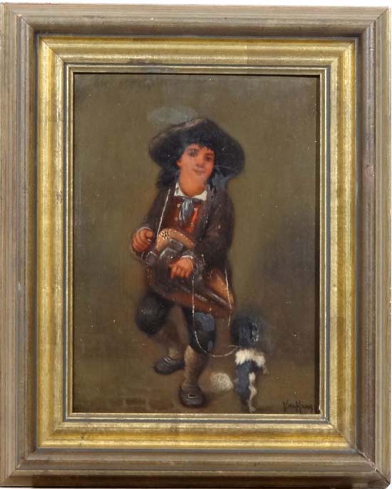 Van Haag Dutch early - Mid XX,
Oil on panel,
Hurdy - gurdy player with performing dog ,
Signed lower