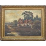 Manner of G Cole,
Oil on board,
A cottage in the country,
15 x 20 3/4".
 CONDITION: Please Note -