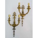 Wall Lights: a pair of gilt brass Neo-Classical style electric twin acanthus branch wall lights with