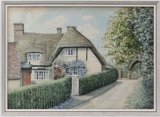 A E Bennett mid XX,
Watercolour,
' Pear Tree Cottage , Hardwick , Bucks ' by the entrance to the