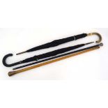 A malaccha walking cane with copper knop ( formerly silver plated), an ebonised walking cane with HM