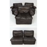 Vintage Retro : - set of 5  British dark brown leather modular open arm chair, each approximately