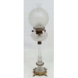 Oil Lamp : a Hinks ormolou and brass column oil lamp with hob nail cut reservoir, octagonal and