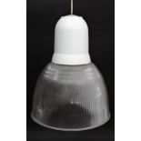 Vintage industrial / Retro : a Holophane style Lexalite pendant light , having facility for three