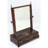 An 18thC mahogany Sheraton dressing table mirror with shaped drawer to base, profusely painted