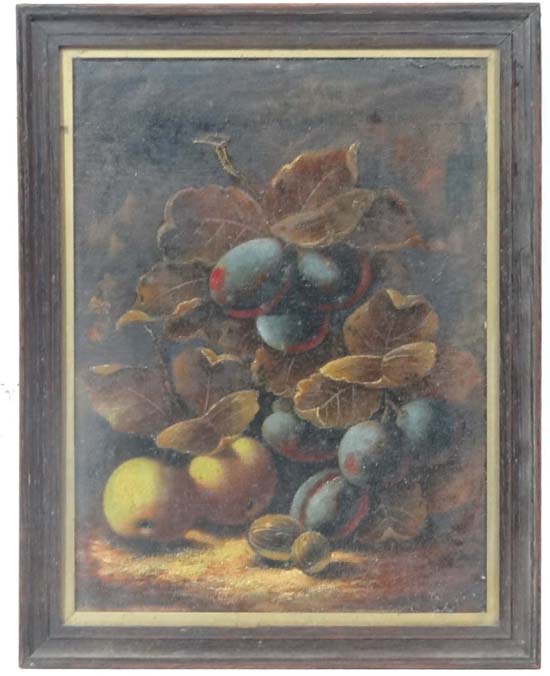 Birmingham School XIX/XX,
Oil on canvas,
Still life of plums, apples and gooseberries with
