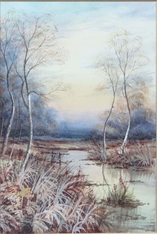 Mid XX English School,
Watercolour,
Silver Birches around a Stream,
12 3/4 x 9 2/3".
 CONDITION: - Image 3 of 3