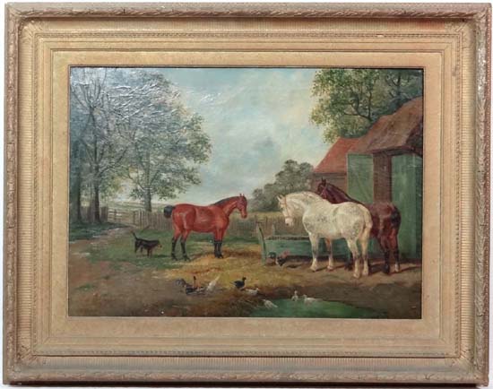 J F Herring Jnr (1815-1907),
Oil on Canvas,
Horses , fowl and a dog within a farmyard,
Signed 'J F