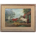 J F Herring Jnr (1815-1907),
Oil on Canvas,
Horses , fowl and a dog within a farmyard,
Signed 'J F