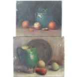 Circa 1920 English School,
Two oils on canvas,
One with jug, bowl apples and a carrot, the other