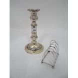 Old Sheffield plate telescopic candle stick + silver plated 4 section toast rack CONDITION: Please