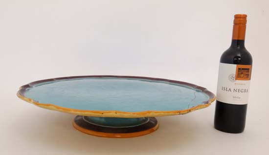 A large late 19thC Mintons majolica tazza. Impressed factory marks to base. The turquoise dish