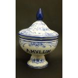 A Blue & White Portuguese pedestal bowl with lid in the style of an apothecaries bowl by John