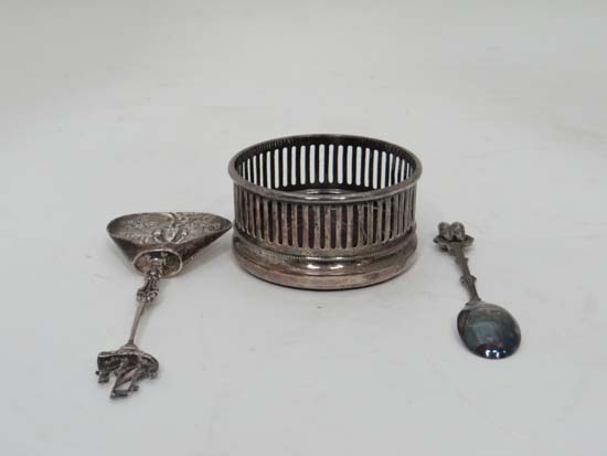 A silver  plate bottle coaster with 2 silver spoons CONDITION: Please Note -  we do not make