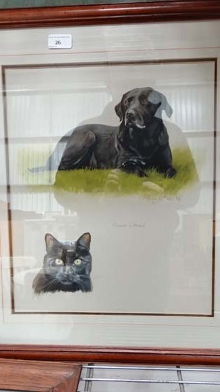 Dogs: Ashley R Boon (1959-)
Gouache
Flicker + Misty ' portraits of a black Labrador and a cat
Signed - Image 5 of 5