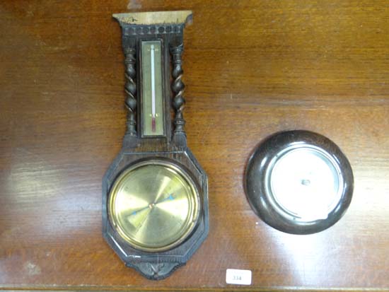 Aneroid Barometers ; an oak cased Dolland barometer with alcohol thermometer , barleytwist columns - Image 2 of 2