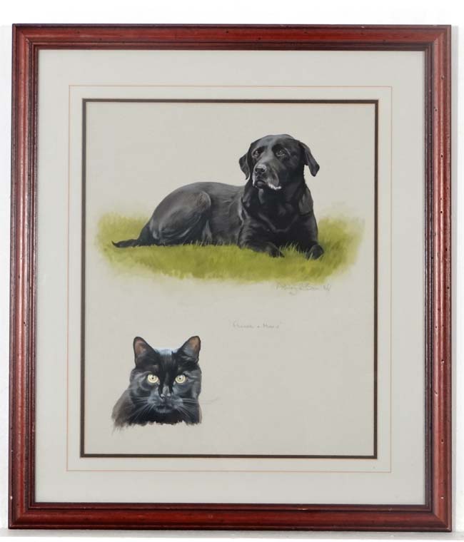 Dogs: Ashley R Boon (1959-)
Gouache
Flicker + Misty ' portraits of a black Labrador and a cat
Signed