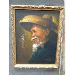 F Mason XX
Oil on canvas board
Portrait of an Oriental gentleman smoking a pipe 
Signed lower