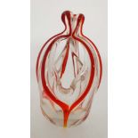 Retro Art Glass : A clear and red swirl glass basket / dish of stylised form . Approx 7" high