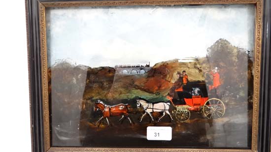 A reverse glass picture of the London to Dover Stagecoach with early steam train crossing a - Image 2 of 2