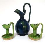 Arts and Crafts : a Thomas Brannan style glazed ceramic jug together with two ceramic green glazed