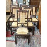 A set 6 oak dining chairs with rush wrapped back splat and envelope shaped seat  CONDITION: Please