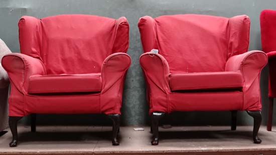 2 x red armchairs & sofa CONDITION: Please Note -  we do not make reference to the condition of lots