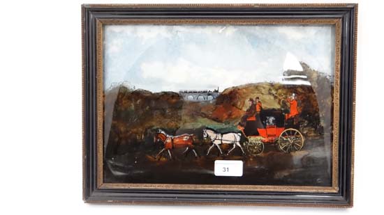 A reverse glass picture of the London to Dover Stagecoach with early steam train crossing a