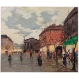 Dexter Goudin ? French School,
Oil on board c. 1985,
Continental city scene,
Signed lower left and