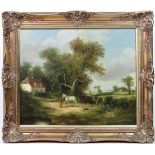 M Gester in the style of James Edwin Meadows,
Oil on canvas,
A tandem hay cart in the country by a