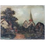 XIX English School ,
Oil on canvas,
Figures conversing by a cottage and church with Steeple,
14 x