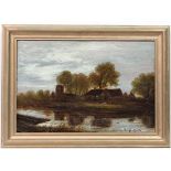 XIX English School,
Oil on board,
Church and cottage beside a river , probably the Great Ouse ,