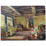 English School mid XX,
Oil on canvas,
Tudor cottage interior,
15 1/4 x 19 3/4"
 CONDITION: Please