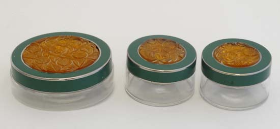 An Art Deco dressing table set of moulded amber glass , chromium and  green finish and comprising - Image 3 of 40