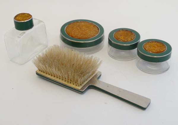 An Art Deco dressing table set of moulded amber glass , chromium and  green finish and comprising - Image 14 of 40