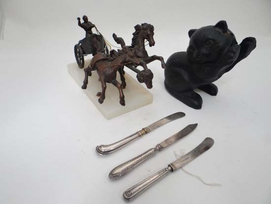 Qty items to include Roman Chariot figure, Iron Black cat, 3 silver handled knives CONDITION: Please