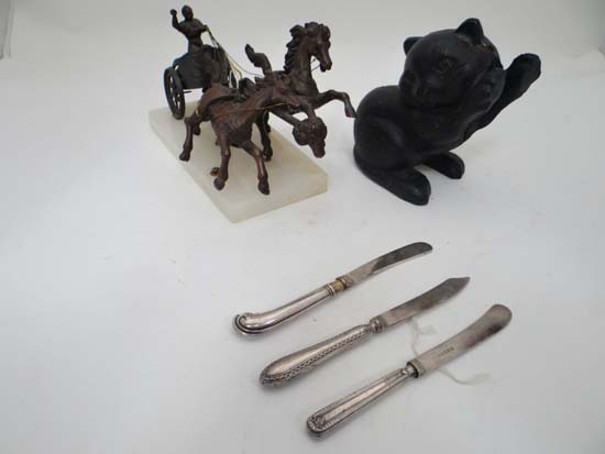 Qty items to include Roman Chariot figure, Iron Black cat, 3 silver handled knives CONDITION: Please - Image 4 of 4