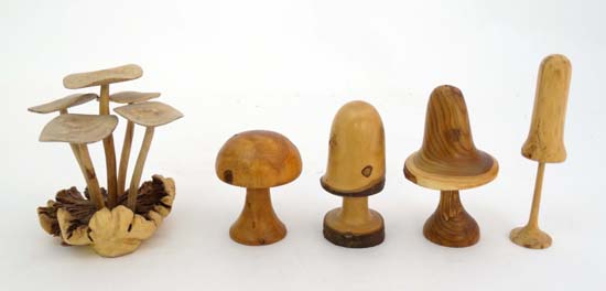 12 assorted toadstool groups made from turned wood. Some signed, to include toadstools made from