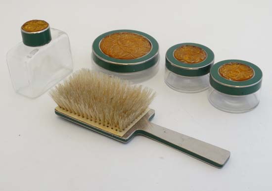 An Art Deco dressing table set of moulded amber glass , chromium and  green finish and comprising - Image 31 of 40