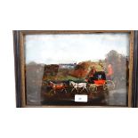 A reverse glass picture of the London to Dover Stagecoach with early steam train crossing a