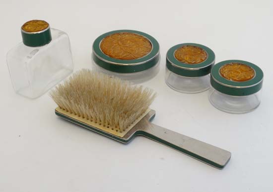 An Art Deco dressing table set of moulded amber glass , chromium and  green finish and comprising - Image 29 of 40